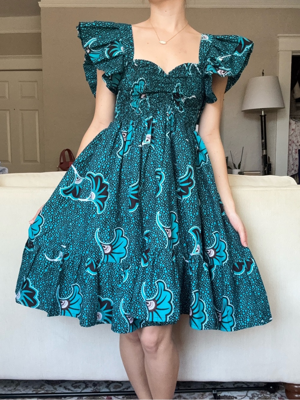 Elisamama ruffle sleeve teal print mini dress